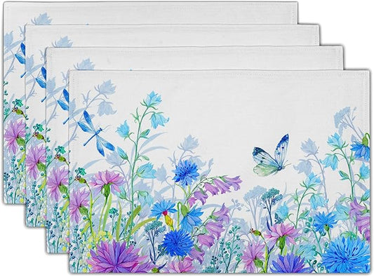 Blue Purple Floral Placemats for Dining Table Set of 4, Butterfly Decoration Spring Seasonal Washable Table Mats for Home Party Kitchen Indoor 12 x 18 Inch
