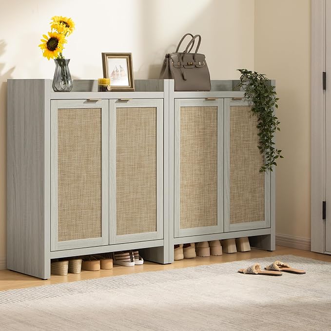 SICOTAS Shoe Cabinet Set of 3, Large Capacity Shoe Storage Organizer Cabinet, Tall Rattan Shoe Cabinet with Doors and Shelves, 6-Tier Farmhouse Wooden Storage Cabinet for Entryway, Whitish-Gray Oak