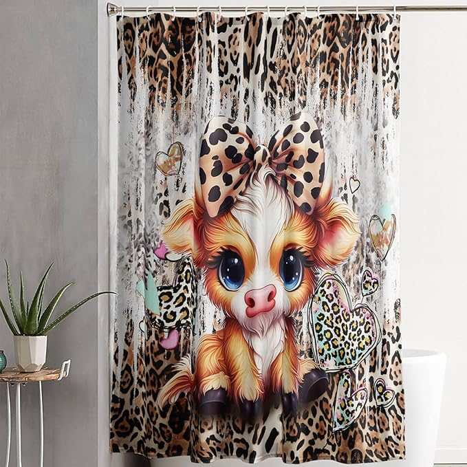 AILONEN Cartoon Yak Shower Curtain Set, Kids Leopard Print Love Yak Waterproof Fabric Shower Curtain for Bathroom Decor,Bow Tie Yak Cloth Bath Curtain Set with Plastic Hooks,48" Wx72 H