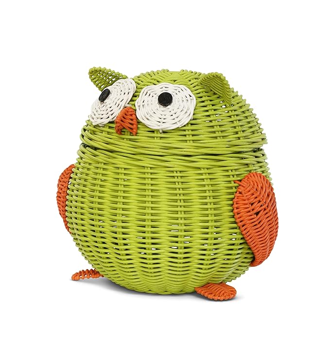 Owl Rattan Storage Basket With Lid Decorative Bin Home Decor Hand Woven Shelf Organizer Cute Handmade Handcrafted Nursery Gift Animal Decoration Artwork Wicker Hoot Owl Green