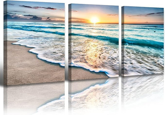 3Pcs Ocean Decor - Modern Beach Bathroom Decor Wall Art for Living Room Beach Decorations for Home Pictures Bedroom Canvas Seascape Paintings Deep Blue Sea Wave Sunset Framed