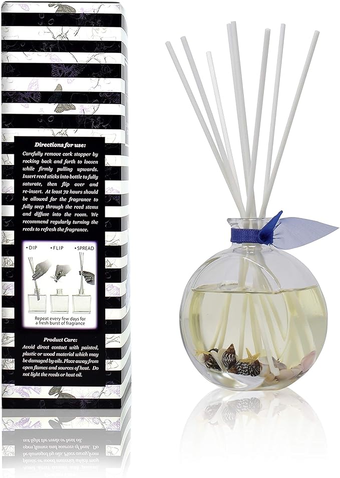 LOVSPA Beach House Reed Diffuser Set with Sticks - Real Seashells in The Bottle! - Ocean Beach Themed Home Fragrance Reed Diffuser for Bathroom Shelf Décor