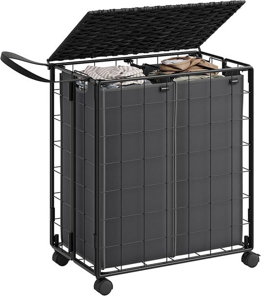 SONGMICS Laundry Hamper, 110L Laundry Basket with Lid, Clothes Hamper with Wheels, Collapsible Removable Liner Bag, Iron-Made Laundry Sorter, Ink Black and Slate Gray ULCB211B11