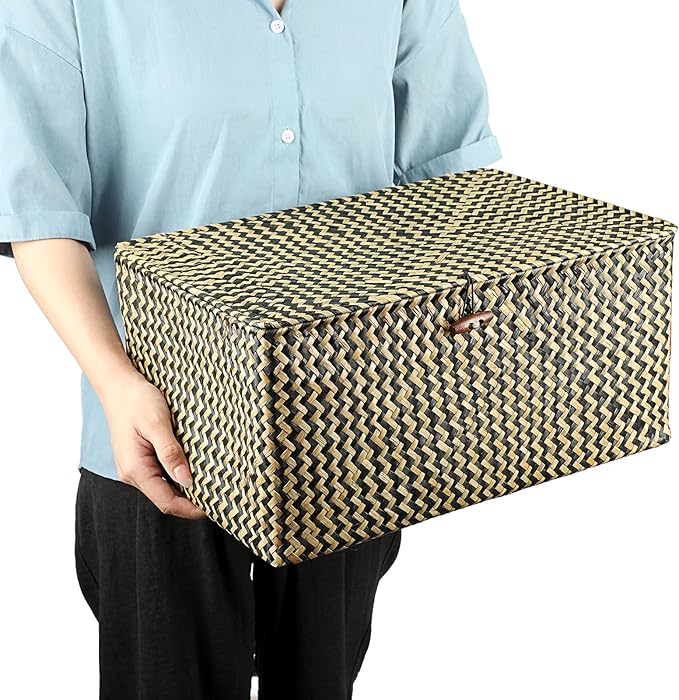Hipiwe Wicker Shelf Baskets Bin with Lid, Handwoven Seagrass Basket Storage Bins Rectangular Household Basket Boxes for Shelf Wardrobe Home Organizer, Black,X-Large