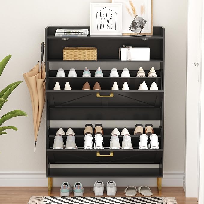 Shoe Cabinet with 2 Flip Drawers, Freestanding Hidden Shoe Storage Organizer for Entryway, Narrow Slim Shoe Rack Cabinet with Open Storage & Hooks for Front Door Entrance, Living Room, Hallway, Black