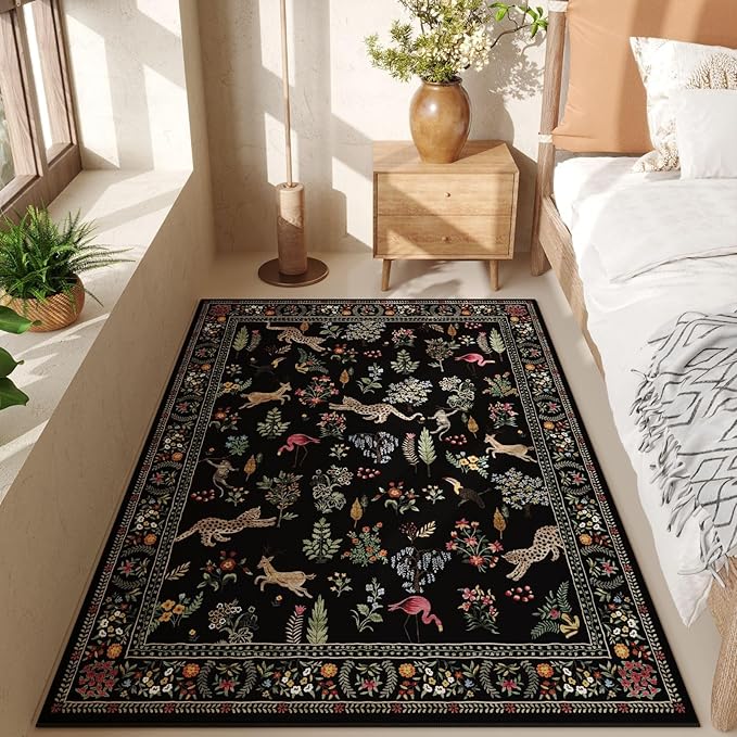 Area Rug 4x6 Rug Washable Boho Rugs Non Slip Low Pile Floral Animal Small Carpet for Bedroom, Bedside, Kids Room, Office, Dining Room (Black)