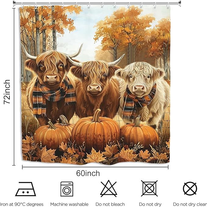 Autumn Highland Cow Shower Curtain 60Wx72L Inch Fall Bull Pumpkin Harvest Maple Orange Animal Thanksgiving Funny Seasonal Bathroom Set Accessories Decor with 12 Pack Hooks