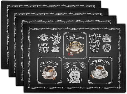 Giwawa Coffee Placemts Set of 4, 12"x18" Black Cafe Life Themed Coffee Beans Maker Espresso Cup Print, Washable Heat-Resistant Linen Placemats for Dining Table Party