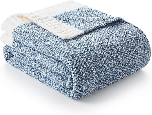 Snuggle Sac Blue Bedding Blanket Twin Size for Bed and Sofa, Reversible Super Soft Blankets Warm Cozy Knit Blankets Fuzzy Plush for Couch, Living Room, Blue, 60x80 inches