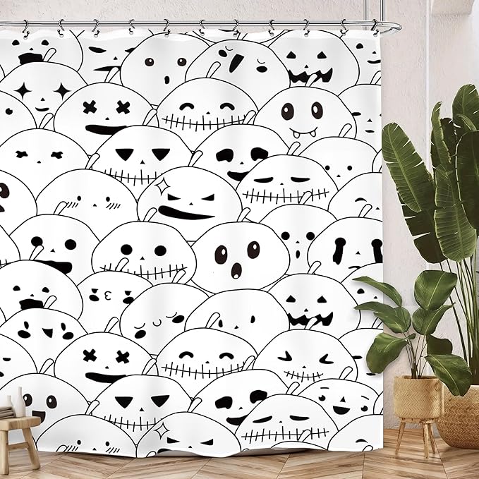 Halloween Pumpkin Ghost Kids Shower Curtain 60Wx72L Inch Horror Scary Spooky Black White Cartoon Lovely Cute Bathroom Set Accessories Decor with 12 Pack Hooks