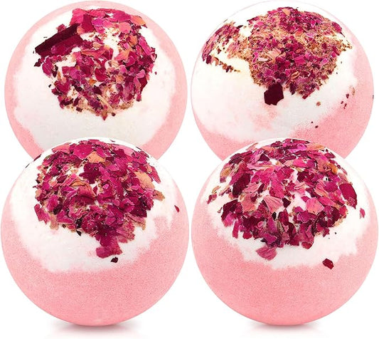 Dried Flower Bath Bombs Salt Balls,4 Pack Gift Set,Rose Extract Essential Oils,Moisturizing Dry Skin,Fizzy Spa,Relaxation,Self Care,Relaxing,Bubble Bath Bomb Gifts Idea for Men Women