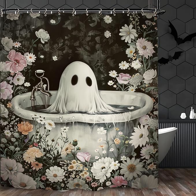 Halloween Ghost Gothic Funny Shower Curtain 60Wx72L Inch Horror Spooky Scary Flower Floral Holiday Bathroom Set Accessories Decor with 12 Pack Hooks