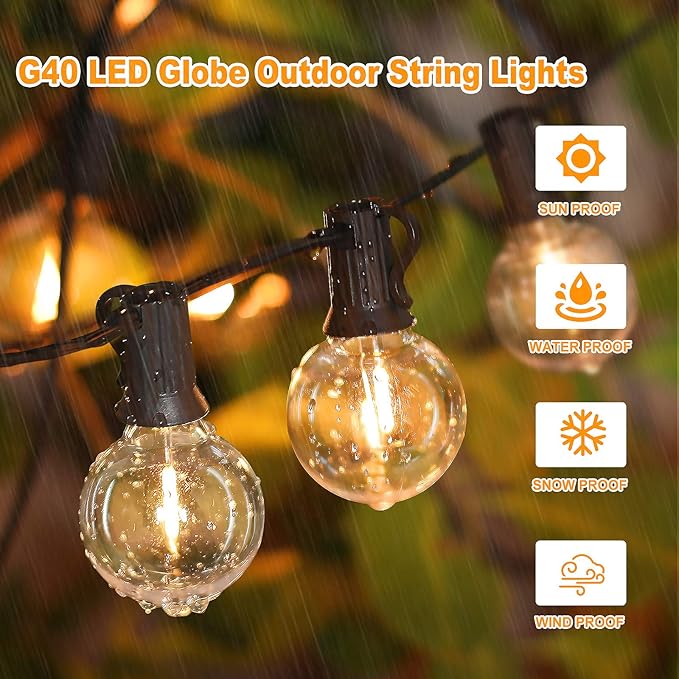 60FT Outdoor G40 LED Globe String Lights Dimmable Waterproof Shatterproof Light Strings with 30 Bulbs Connectable Commercial Hanging Lights for Christmas Patio House Backyard Balcony Party