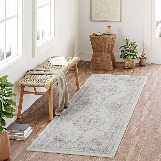 Runner Rug 3x7 Washable Light Gray Hallway Runner Vintage Boho Medallion Non Slip Grey Distressed Retro Carpet Indoor Low Pile Long Soft Rug for Kitchen Entryway Bedroom Bathroom Laundry