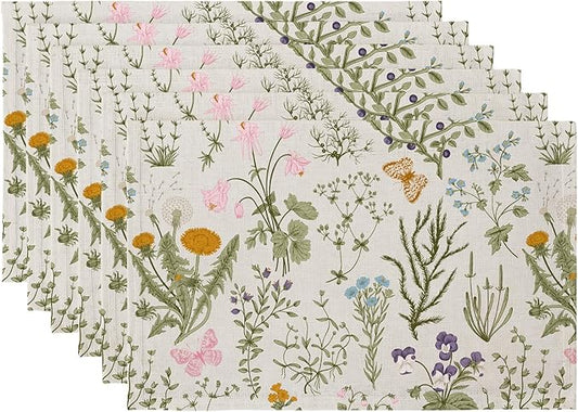 QIYI Boho Placemats Set of 6, 12x18 Inch Linen Fabric Floral Place Mats for Kitchen Dinning, Farmhouse Rustic Cloth Table Mats, Washable Placemat Botanical Party Table Décor, Wildflowers Herbs