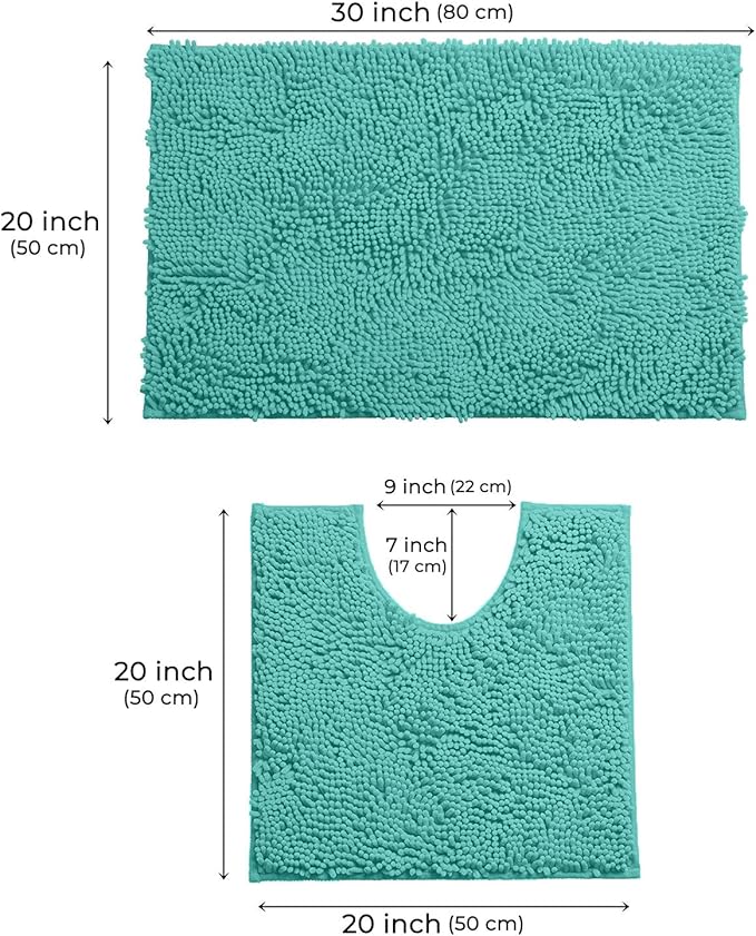 LuxUrux Bathroom Rugs Sets 2 Piece: Quick Dry, Soft Plush Anti-Slip, Super Absorbent. Includes Rectangular (31x20 inches) & U-Shaped Toilet Mat (20x20 inches) | Turquoise