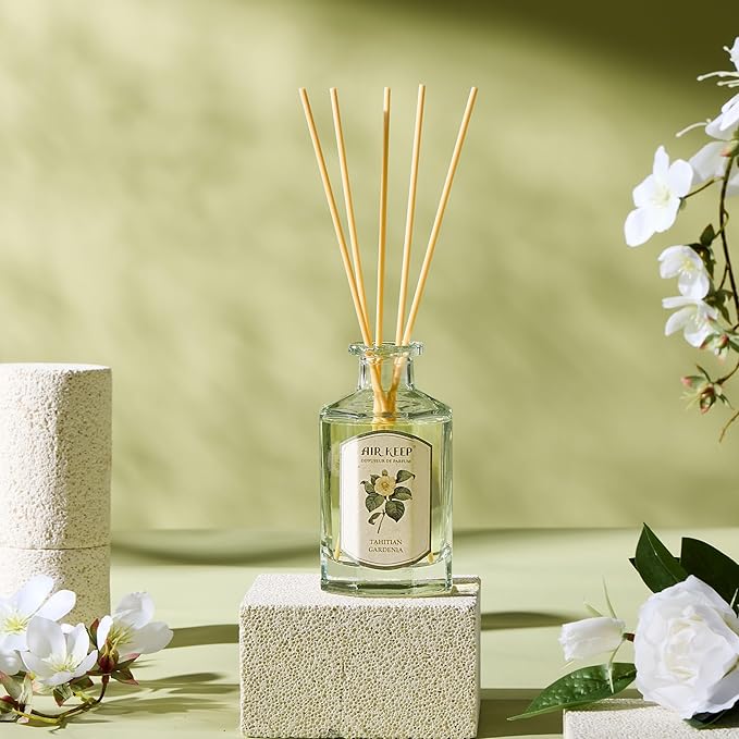 Airkeep Reed Diffuser Set-6.09 oz (180ml) Tahitian Gardenia Jasmine Scented Diffuser with 8 Reed Sticks Home Fragrance Oil Diffuser for Bathroom Shelf Decor