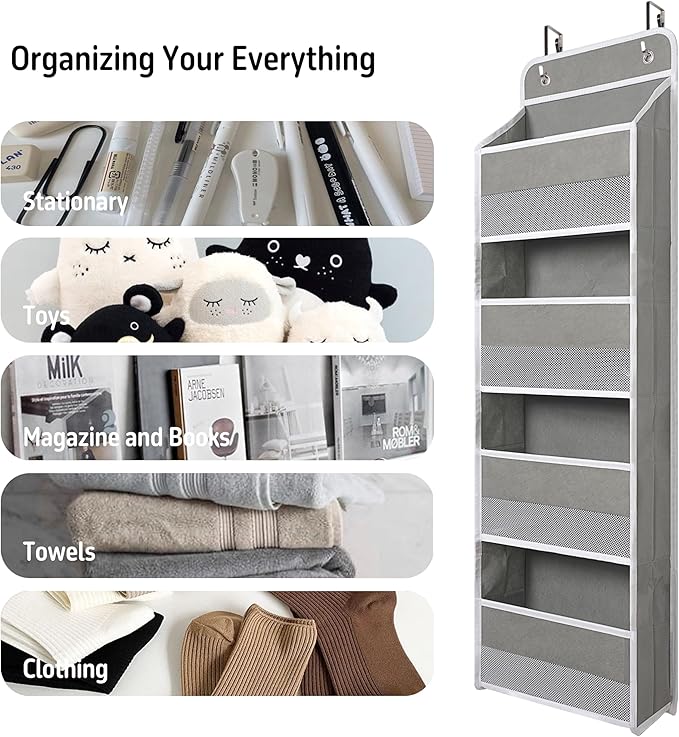 Heavy Duty Over Door Organizer, Wall Mount Hanging Organizer Storage with 4 Large Capacity Pockets, Closet Bathroom Nursery Bedroom Dorm, Toys Cosmetics Sundries and Baby Essentials, Gray