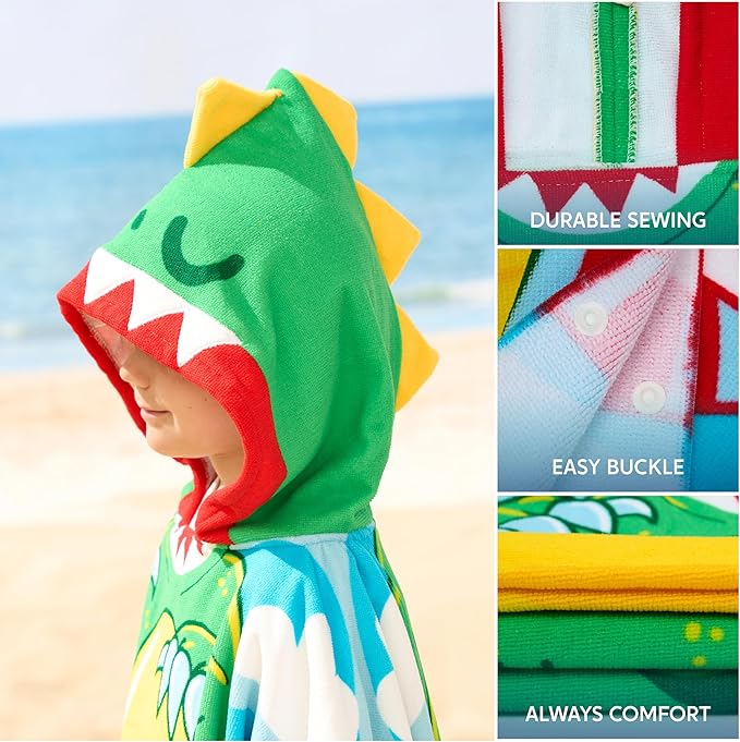 Joiedomi Kids Beach Towel - Dinosaur Bath Towel with Hood - for Boys Girls 3-10 Years 30" x 30" - Toddler Soft Absorbent Swim Pool Towel- Quick Dry Microfiber Surf Poncho