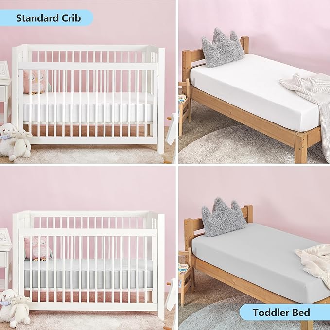 TILLYOU Baby Crib Sheets for Boys Girls, Fitted Crib Sheet 2 Pack for Standard Crib and Toddler Mattresses, Super Soft Toddler Bed Sheets, 28"x52"x8", White & Gray