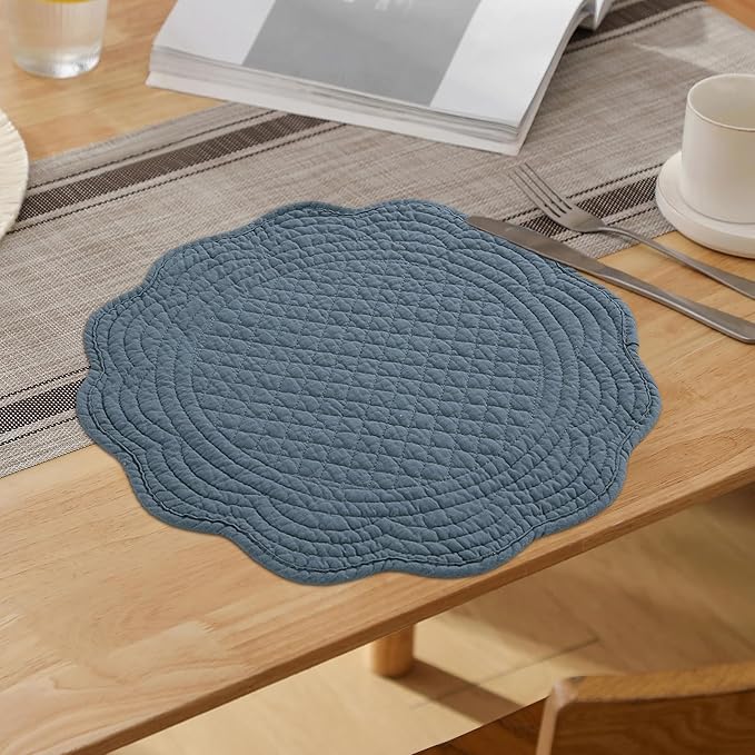 HOMBYS Quilted Placemats Set of 6 Washable Round Placemats for Kitchen Table-100% Cotton Fabric 13 Inch Round Table Mats, Cotton Fabric with Microfiber Filling, (13"x13", Blue)