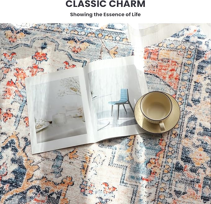 Area Rugs for Living Room - 9x12 Area Rugs, Machine Washable Rugs 9x12, Non-Slip, Stain Resistant Soft Boho Vintage Large Carpet Low Pile Thin Rugs for Living Room Bedroom