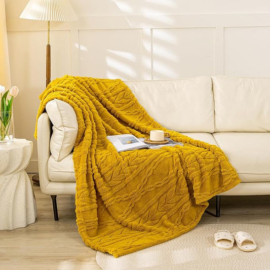 YUSOKI Sherpa Throw Blanket(Without Pillows)-3D Stylish Design Super Soft Cozy Blanket Thick Plush Fluffy Blankets for Teen Girls Women Couch Bed Sofa Chair Men Boys Gift(Mustard Yellow,50"x65")