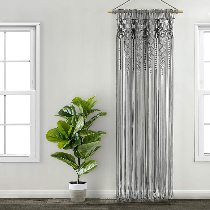 Lush Decor Boho, Textured Macrame Cotton Window Curtain Panel, 40" W x 84" L, Gray Wine Wall Decor, Room Divider
