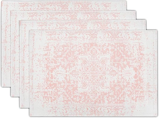 Gray Pink Boho Placemats Set of 4 Ethnic Bohemian Carpet Place Mats Washable Kitchen Dining Vintage Grey Geography Floral Linen Table Mats Stain Heat-Resistant for Home Party Indoor 12x18 in