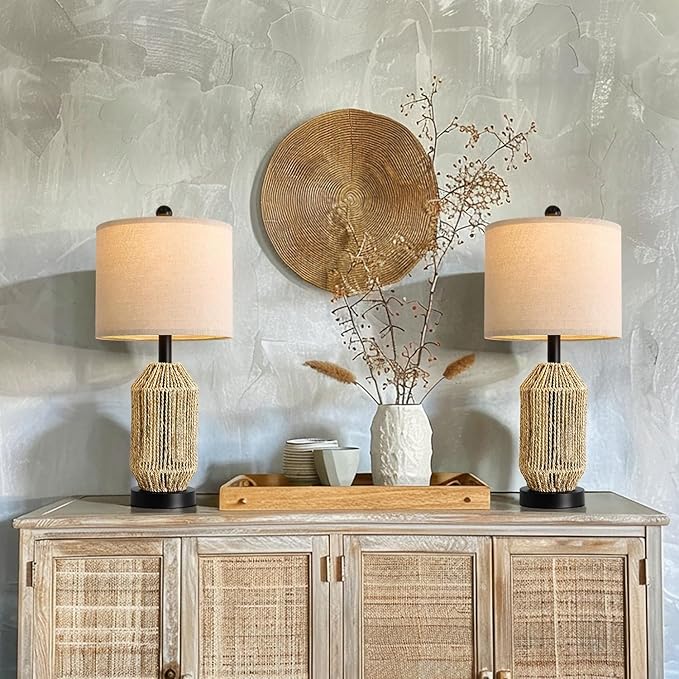 OYEARS 21" Boho Table Lamps Set of 2 for Living Room, Bedside Lamps for Nightstand, Rattan Lamp for Bedroom, Farmhouse Table Lamps for Boho Decor, End Table, Retro, Black