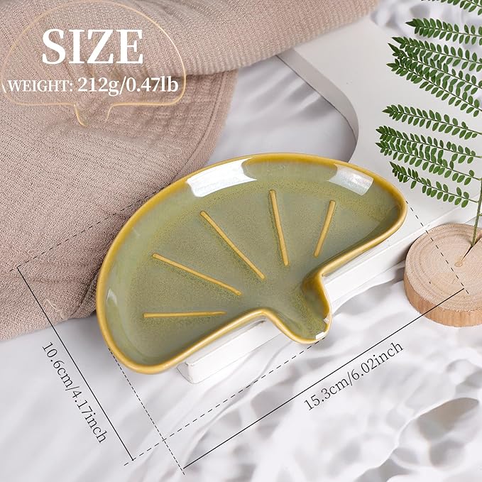 Ceramic Soap Dish, Self-Draining Bar Soap Holder for Bathroom, Sink, or Shower – Green Half-Moon Design, Easy to Clean, Keeps Soap Dry – ANTIS'S HOME