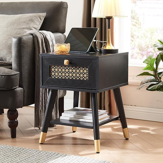 Mid Century Modern End Table with Charging Station - Small Side Table Nightstand with USB Ports & Outlets, Storage Drawer & Open Shelf, Black Wood Furniture for Living Room, Bedroom, Office