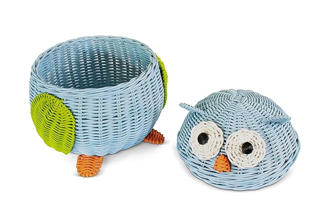 Owl Rattan Storage Basket With Lid Decorative Home Decor Hand Woven Shelf Organizer Cute Handmade Handcrafted Gift Art Decoration Artwork Wicker Hoot Owl (Small, Blue)