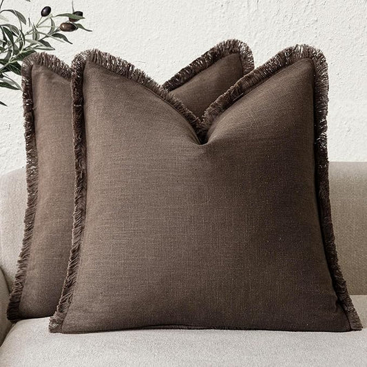 Foindtower Set of 2 Decorative Linen Fringe Throw Pillow Covers Boho Farmhouse Cushion Cover with Tassels Soft Accent Pillowcase for Couch Sofa Bed Living Room Home Decor,24×24 Inch,Reddish Brown