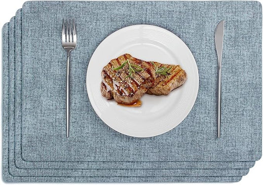 Softalker Faux Leather Placemats Set of 4-Vinyl Heat Resistant Place Mats, 100% Waterproof Oilproof Wipe Clean Table Mats for Indoor & Outdoor Use, 17’’×12’’, Sky Blue