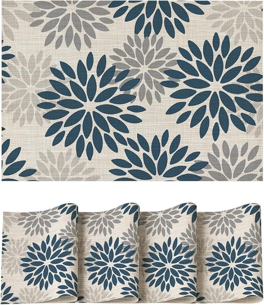 Artoid Mode Floral Vinyl Placemats Set of 4, Heat Resistant Washable Non-Slip Plastic PVC Place Mats for Party Kitchen Dining Decor, Blue Grey