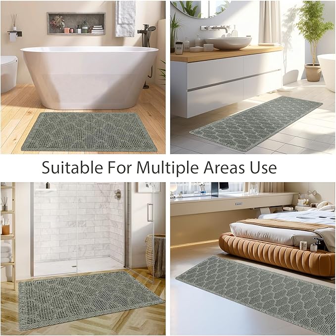 Upgraded Green Waffle Bathroom Runner Rugs, Super Absorbent Non Slip Bath Mats for Bathroom Floor, Extra Long Soft Bath Rugs with Tassels for Hallway Laundry Room, Machine Washable, 24" x 72"