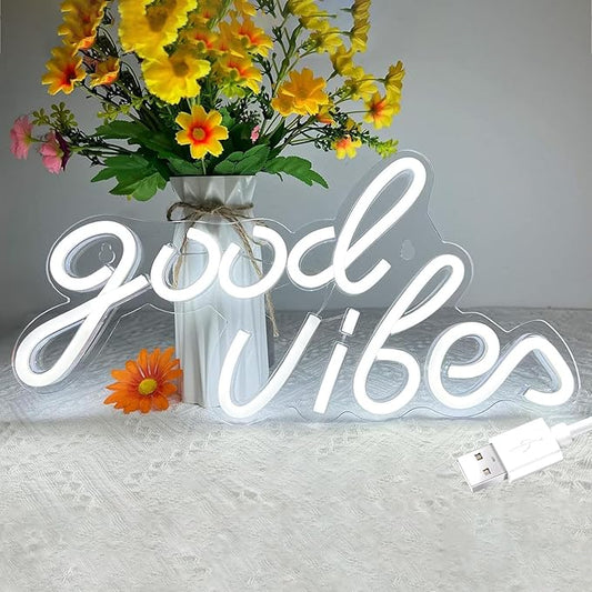 Good Vibes Neon Sign, LED Neon Signs for Wall Decor, White Neon Lights for Bedroom & Party Art Decor, USB Powered Bright Neon Light for Lover, Friends