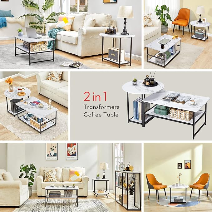 WOHOMO Coffee Table, White Modern Coffee Tables for Living Room, Detachable 2 Small Coffee Tables, Faux White Marble
