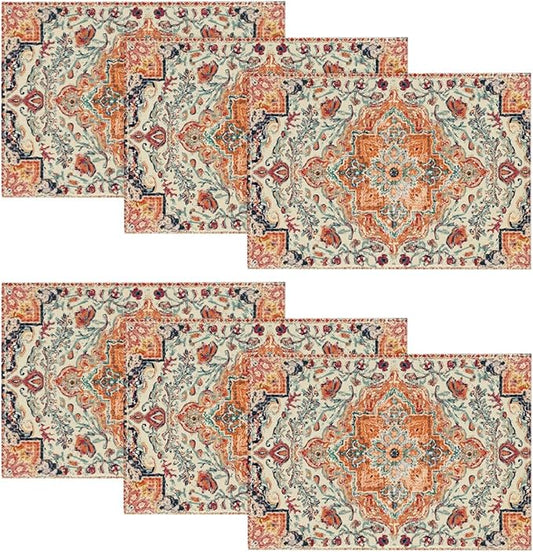 Artoid Mode Boho Placemats Set of 6,12x18 Inch Seasonal Daily Orange Teal Flowers Bohemia Table Mats for Party Kitchen Dining Decoration