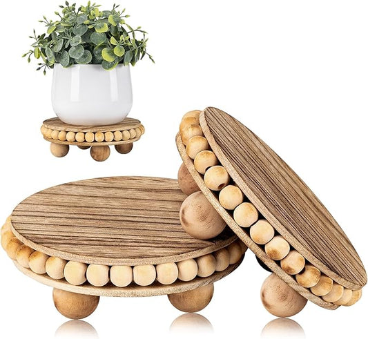 2Pcs Wood Risers for Display Decorative,Round Beaded Riser Distressed for Decor ,Wooden Farmhouse Coasters Mini Cake Stand Plant Stand,Rustic Pedestal Stand Decor Display Risers for Tiered