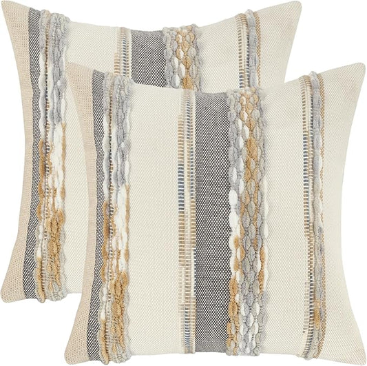 Tosleo Boho Throw Pillow Covers 18x18 Set of 2 Striped Decorative Pillow Cases Accent Chenille Pillowcases Farmhouse Cushion Case Bohemian Nuetral Textured Pillow Cover,Orange and Gray