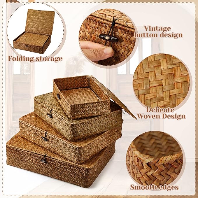 Set of 4 Seagrass Basket with Lid Wicker Storage Basket Decorative Storage Boxes with Lids Flat Storage Bins Woven Organizer Baskets for Shelf Closet Bedroom, 4 Sizes (Brown)