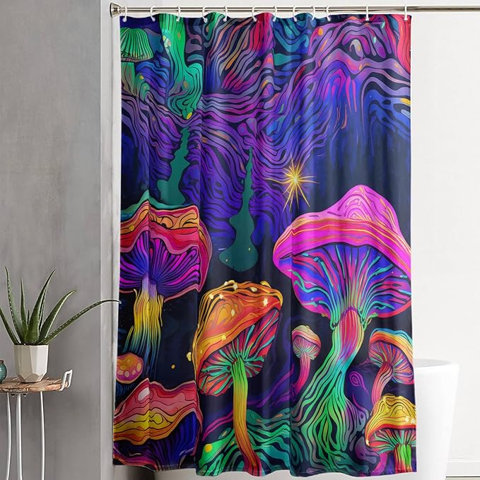 AILONEN Magic Mushroom Shower Curtain for Kids Boys Girls,Mushrooms and Starry Night Waterproof Fabric Shower Curtain for Bathroom,Dreamy Natural Plants Shower Curtain Set with Hooks,72" W*96" H
