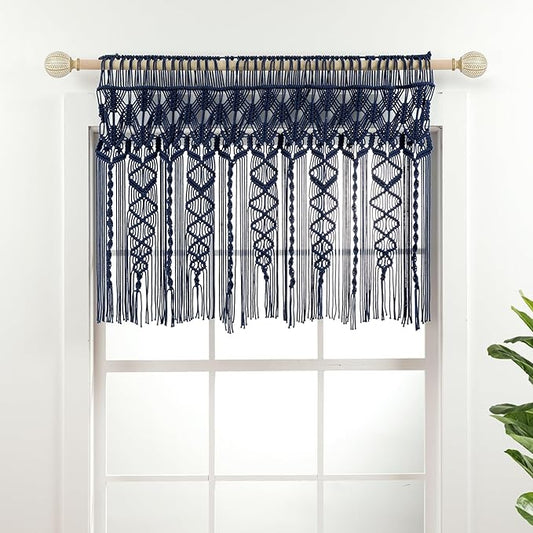 Lush Decor Boho Macrame Textured Cotton Valance, 40" W x 30" L, Navy - Boho Kitchen Curtains & Wall Decor - Macrame Valance - Bathroom Window Curtains