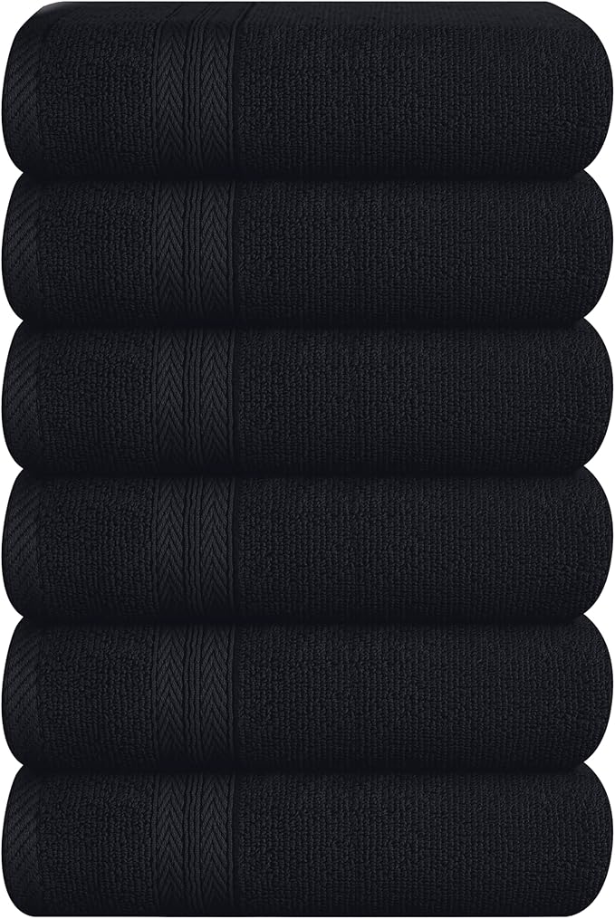 BOUTIQUO Ultra Soft 6-Piece Hand Towel Set 16x28-100% Ringspun Cotton - Durable & Highly Absorbent Hand Towels - Ideal for use in Bathroom, Kitchen, Gym, Spa & General Cleaning - Black