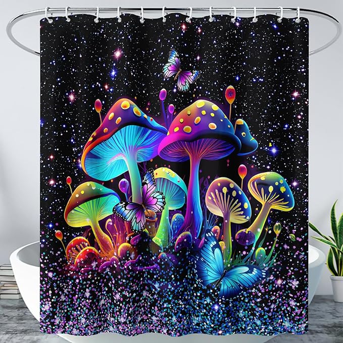 AILONEN Mushroom Shower Curtain for Boys Girls, Cartoon Mushroom Bath Curtain 36" W*72" H Colorful Sky Starry Bathroom Curtain Polyester Waterproof Plant Fungus Bathroom Curtain with 12 Hooks