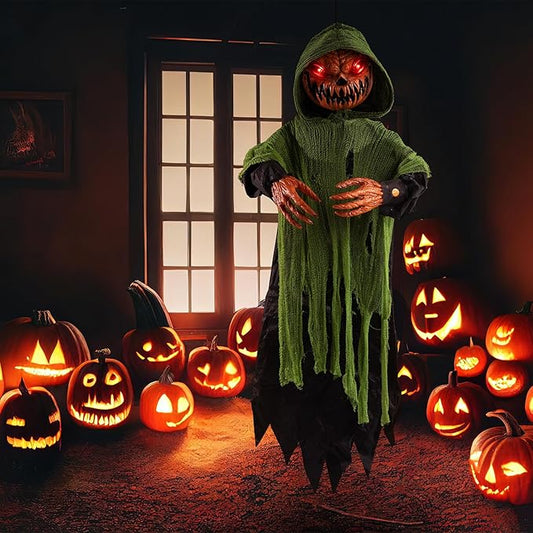 HollyHOME Animated Hanging Jack-O'-Lantern with Glowing Head and Creepy Sound Halloween Decorations Outdoor Haunted House Prop Decor 48 Inch