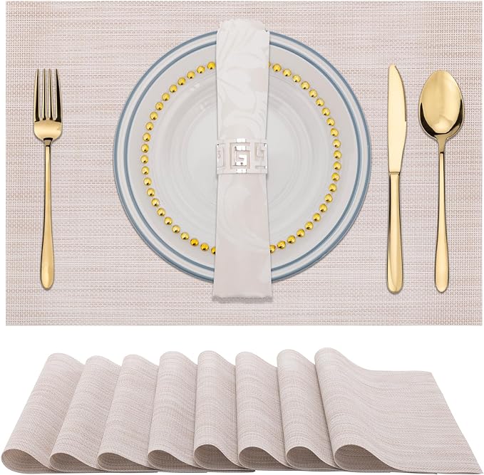 Winknowl Placemats Set of 8 Woven Vinyl Insulation Indoor Place mats for Dining Table, Washable Durable PVC Table Mats (Beige)