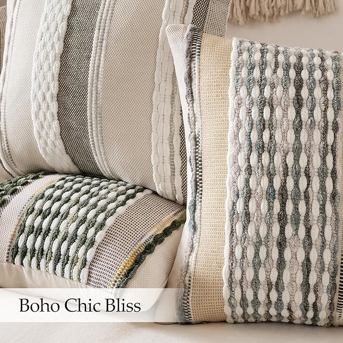 ANRODUO Pack of 2 Boho Decorative Throw Pillow Covers 18x18 Farmhouse Cushion Case Striped Chenille Pillow Cases Square Pillow Covers Accent Neutral Pillowcase for Sofa Couch Bed, Olive Green Stripe